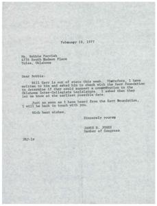 ["James R. Jones is informing Bobbie Parrish that he has contacted Bill Kerr to inquire if the Kerr Foundation could support a constitution for the Oklahoma Inter-Collegiate Legislature. He will update Bobbie as soon as he hears back from the foundation."]