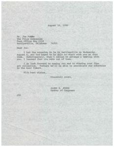 ["The document is from James R. Jones, a Member of Congress, to Joe Price of The Price Companies in Bartlesville, Oklahoma. Jones expresses regret for missing a meeting with Price and looks forward to seeing him in the future to view his art collection."]