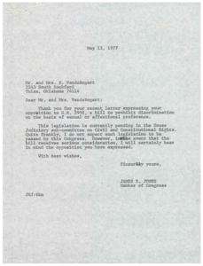 Correspondence between Congressman James R. Jones and Mr. and Mrs. VandeBogart Regarding H.R. 2998, 1977-04-19