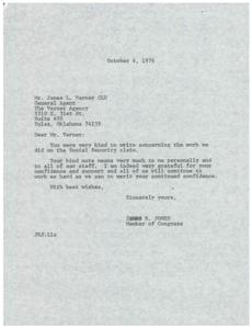 Congressional Assistance in Expedited Social Security Claim Processing: A Correspondence Between Congressman James R. Jones and General Agent James L. Varner, 1976-09-28