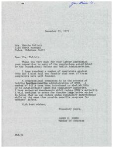 Congressional Response to Concerns Over OSHA Regulations: A Correspondence Between Mrs. Martha Volinic and Congressman James R. Jones, 1975-12-23