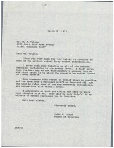 Congressman James R. Jones&#39; Response to Constituent&#39;s Thoughts on Energy Crisis - 1975, 1975-03-31