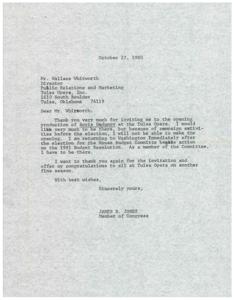 Congressman&#39;s Letter of Regret for Missing Tulsa Opera&#39;s Opening Production, 1980-10-27