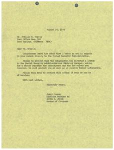 Congressman Jones&#39; Response to Social Security Administration Inquiry, 1977-08-29