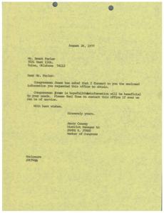 Letter from Congressman Jones&#39; Office to Mr. Brent Farler, 1977-08-26
