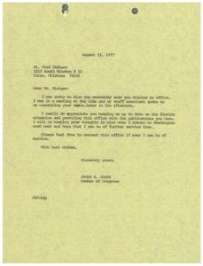 Congressman James R. Jones&#39; Letter to Mr. Fred Steiger Regarding Fluoride Situation, 1977-08-23