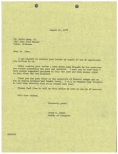 Congressman James R. Jones Responds to Public Inquiry on Social Programs and Federal Judge Selection, 1977-08-16