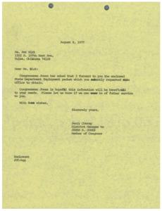 Letter from Congressman James R. Jones&#39; Office regarding State Department Employment Packet, 1977-08-08