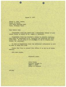 Congressional Assistance for Mr. Errest L. Northcutt: A Letter to Pastor Owen, 1977-08-09