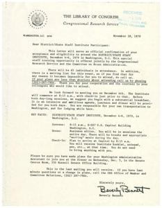 Confirmation Letter for the District/State Staff Institute Participation, December 1979, 1979-11-28