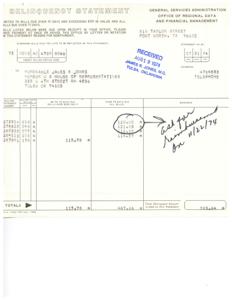 ["This delinquency statement from the General Services Administration lists bills over 45 days and exceeding $250 in value, as well as bills over 75 days old. The recipient is urged to make payment or provide a reason for nonpayment. The statement is addressed to Honorable James R. Jones and includes a list of delinquent bills totaling $583.64."]