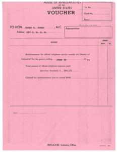 ["This text is a voucher for reimbursement of official telephone expenses for a member of the House of Representatives, James R. Jones, for the quarter ending June 30, 1974. The total amount of expenses paid was $344.20, and the claimed amount for reimbursement was not to exceed $450."]