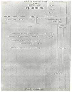 ["This text is a voucher for reimbursement of official telephone expenses for a member of the House of Representatives. It includes details of the expenses incurred and the total amount claimed for reimbursement. There is also a delinquency statement from the General Services Administration regarding unpaid bills."]