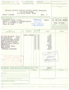 ["This text is a form from the General Services Administration Disbursing Office for withdrawals and credits. It includes details of a payment made to Honorable James R. Jones, a member of the United States House of Representatives, for various services and charges. The form must be accompanied by payment to the Office indicated above. Adjustments for over or under charges of $10 or less per Line Item are not to be requested or made. The total amount due on the statement must be paid as rendered."]