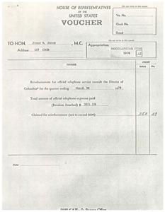 ["This text is a voucher for reimbursement of official telephone service expenses for Representative James R. Jones outside of the District of Columbia. The total amount claimed for reimbursement is $353.29. There is also a delinquency statement from the General Services Administration regarding bills over 45 days old totaling $583.64. The document includes details of the overdue bills and instructions for payment."]