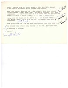 ["The document is a memo outlining the process for handling telephone bills for Mr. Terry Doyle of GSA. The bills for January through August are to be sent in quarterly increments, with copies of each month attached. The bills are to be mailed to the House Finance office and a check for $810.69 is to be sent to GSA. Bills for August through October are to be held until January. The memo also includes copies of telephone statements for Honorable James R. Jones."]