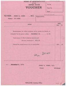 ["The document is a reimbursement voucher for official telephone expenses incurred by James R. Jones, a member of the House of Representatives, outside the District of Columbia. The total amount claimed for reimbursement is $313.37, which is within the maximum limit of $450. The reimbursement is for the quarter ending December 31, 1973."]