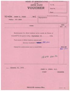 ["The document is a voucher from the House of Representatives addressed to Honorable  James R. Jones for reimbursement of official telephone expenses outside of the District of Columbia for the quarter ending September 30, 1973. The total amount of expenses paid was $331.50 and the amount claimed for reimbursement was $18.09. The voucher is dated January 31, 1974."]