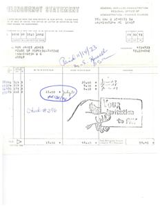 ["The document is a delinquency statement from the General Services Administration Regional Office of Administration - Finance Division. It lists overdue bills that were due upon receipt and requests payment or an explanation for nonpayment. The statement is addressed to Honorable  James Jones at the House of Representatives in Washington, D.C. It lists the overdue amounts and dates, and requests payment."]