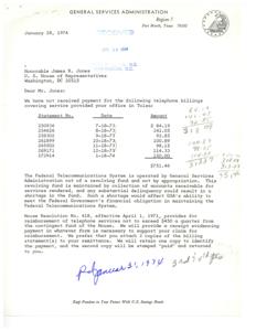 ["The General Services Administration in Fort Worth, Texas sent a letter to Honorable James R. Jones regarding unpaid telephone billings for his office in Tulsa. They emphasized the importance of prompt payment to maintain the Federal Telecommunications System. They also reminded Jones of House Resolution No. 418, which allows reimbursement for telephone services up to $450 per quarter. They requested additional information if needed and urged prompt payment."]