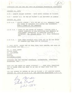 ["The document outlines the itinerary for a trip to the Ditchley Foundation Conference in January 1974, including arrival and departure times, meetings with important individuals such as Mr. J. Paul Getty, and various scheduled activities in London. It also includes information about a luncheon at the House of Commons and a meeting for all people going to London. Additionally, there is mention of a meeting with the British-American Parliamentary Group and updates on the Emergency Energy Bill and the Watergate Committee."]