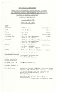 ["The document outlines the programme and agenda for the Anglo-American Conference on the balance of power and authority between the executive and legislative branches of central government, specifically focusing on American legislators. The conference includes sessions on how the President and Prime Minister are advised, relationships between ministries and departments, means of information available to the branches, constitutional principles, and the need for legislative reform. The conference ends with departure trains on Monday morning."]