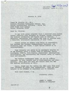 ["Dr. Winslow Jr. wrote a letter to Congressman James R. Jones offering his thoughts on national health insurance, PSRO's, Hill-Burton, physicians' geographical distribution, and maintaining a high level of health care and research. Dr. Winslow expressed concerns about the over-regulation of health care and the inefficiencies in government spending, particularly in the Medicare program. He suggested a program that would provide federally subsidized health insurance administered by the private insurance industry for those who cannot afford full coverage. Dr. Winslow also emphasized the importance of improving the distribution of physicians and allied personnel to ensure better access to medical care, especially in rural areas. He objected to the PSRO Program, fearing it would lead to a decrease in the quality of medical care by imposing excessive controls on the practice of medicine."]