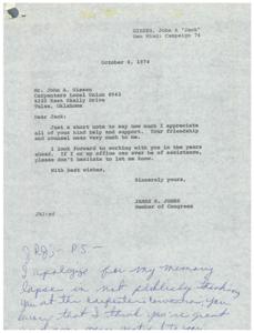["The document is a letter from James R. Jones, a Member of Congress, thanking John A. Giesen for his help and support. Jones expresses his appreciation for Giesen's friendship and counsel and looks forward to working with him in the future. Jones also apologizes for not publicly thanking Giesen at a carpenters convention. He requests Giesen's address from someone named Jerry so he can send a follow-up letter."]