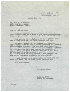 ["The document includes a letter from Congressman James R. Jones to Dr. Jack L. Richardson, thanking him for his input on health care legislative proposals. Congressman Jones mentions Chairman Wilbur Mills' efforts to pass a health insurance bill and requests Dr. Richardson's comments on the proposals. Dr. Richardson expresses support for continuing the Hill-Burton Act and provides feedback on PSROs and national health insurance proposals, favoring Senator Ribicoff's plan. He also expresses hope for further collaboration with Congressman Jones in the future."]