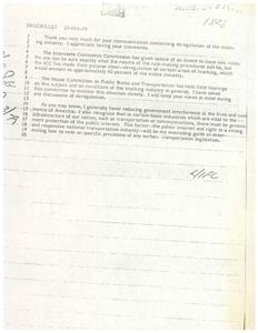 ["The document discusses the deregulation of the trucking industry and the involvement of the Interstate Commerce Commission in issuing new rules. It mentions the House Committee on Public Works and Transportation holding hearings on the subject and the importance of monitoring the situation closely. The document also emphasizes the need to consider the public interest when voting on specific provisions of legislation related to the transportation industry."]