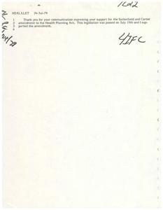 ["The document is a response from Congressman James R. Jones to a communication expressing support for the Satterfield and Carter amendment to the Health Planning Act. Jones confirms his support for the amendment and mentions that the legislation was passed on July 19th. He also indicates that the bill will be considered in the near future and appreciates the sender's input."]