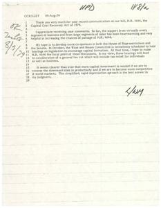 ["The document is a response to a communication regarding the Capital Cost Recovery Act of 1979 (H.R. 4646). The author expresses appreciation for the support received from various business and labor segments, and aims to gain more co-sponsors in the House and Senate. They hope to have H.R. 4646 discussed in hearings on capital formation and general tax legislation, with the goal of increasing capital investment to improve productivity and competitiveness in world markets."]