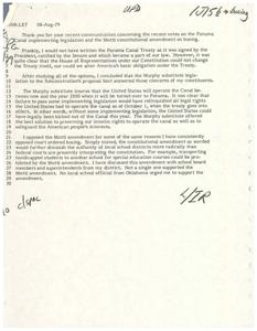 ["The document discusses the author's position on recent votes regarding the Panama Canal implementing legislation and the Mottl constitutional amendment on busing. The author supports the Murphy substitute legislation for the Panama Canal, as it ensures US operation of the canal until 2000. They oppose the Mottl amendment on busing, believing it would diminish the authority of local school districts. The author will continue to support legislation for positive alternatives to busing. They appreciate feedback on these issues."]
