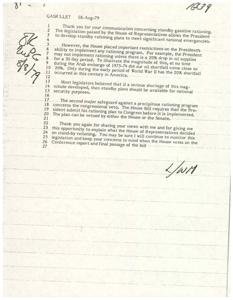 ["The document discusses legislation passed by the House of Representatives allowing the President to develop standby gasoline rationing plans for national emergencies. However, there are restrictions on implementing rationing, such as a 20% drop in oil supplies required for 30 days. The document also mentions the need for standby plans for national security and the requirement for congressional approval before implementing a rationing plan. The document concludes by thanking the reader for their communication and sharing the decisions made by the House of Representatives on rationing."]