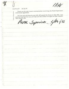 ["The document is a thank you message for communication regarding Postal Supervisors Arbitration legislation, specifically mentioning H.R. 827 passing the House and pending before the House Subcommittee on Postal Operations and Services. The sender appreciates the concern and will monitor the bill's progress with the recipient's concerns in mind."]