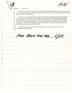 ["The document is a response from James R. Jones to a letter expressing concerns over proposed changes in Home Health Care regulations. Jones acknowledges the concerns and mentions contacting the Department of Health, Education, and Welfare to address them. He also offers further assistance and mentions forwarding a copy of the HEW's reply in the near future. Jones assures the recipient that he will continue to monitor the issue."]