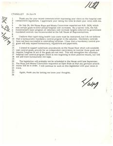 ["The document is a response to a communication expressing views on hospital cost containment legislation. The writer supports limiting rising healthcare costs but is against mandatory control programs, instead proposing substitute amendments to establish cost control goals and an independent commission to monitor them. The legislation will likely not be scheduled until late September, and the writer thanks the recipient for sharing their thoughts."]