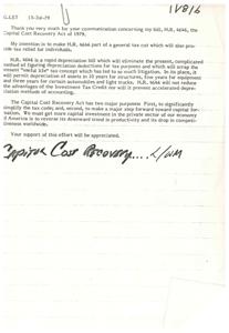 ["The document is a response to a communication regarding H.R. 4646, the Capital Cost Recovery Act of 1979. The bill aims to simplify the tax code and promote capital formation by allowing for rapid depreciation of assets. It will not reduce the advantages of the Investment Tax Credit or prevent accelerated depreciation methods. The author requests support for the bill to encourage more capital investment in the private sector."]