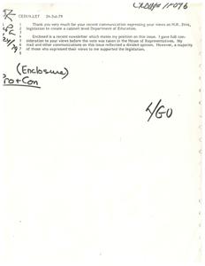 ["The document is a response to a communication expressing views on H.R. 2444, legislation to create a Department of Education. The sender considered the views before a vote in the House of Representatives, and while opinions were divided, a majority supported the legislation. A proposed form letter is included for future responses on the same issue."]