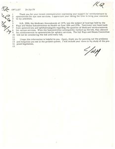 ["The document is a response to a letter expressing support for Medicare reimbursement to optometrists for eye care services. It mentions a bill, H.R. 3990, which allows for reimbursement for aphakic services. The full committee will consider the bill in the fall. The response thanks the sender for their concerns and states that their views will be considered in the study of the proposed legislation. The document also mentions a revision to the form letter to remove the term \"aphakic\" from the introductory paragraph but include it when describing the Subcommittee's action."]