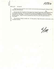["The document discusses the killing of ABC newsman Bill Stewart in Nicaragua and the response from the government and international organizations. President Somoza has promised to bring the law to bear on those responsible for the killing, and the US government has requested a peacekeeping force in Nicaragua, which was turned down by the OAS. A member of the Nicaraguan National Guard has confessed to the slaying. The author expresses hope for peace in the troubled country."]
