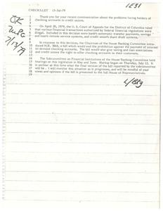 ["The document discusses a recent court ruling and proposed legislation related to checking accounts in credit unions. The United States Court of Appeals ruled certain financial transactions illegal, including bank, savings and loan, and credit union systems. A bill, H.R. 3864, was introduced to allow interest payments on demand checking accounts and give credit unions the ability to offer checking accounts. The House Banking Committee held hearings on the bill, with markup beginning on July 12. The status of the bill is uncertain, and the writer will monitor the situation and consider input from stakeholders."]
