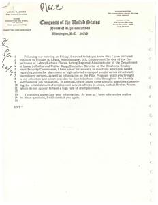 ["Following a meeting, James R. Jones has initiated inquiries to relevant officials regarding questions raised about placement of high-salaried employed individuals versus structurally unemployed persons, a Pilot Program providing free telephone calls and job relocation funds, and the establishment of employment service offices in areas with low unemployment rates. Jones appreciates the information and will contact the individual again once he receives substantive replies."]
