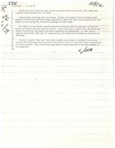 ["The document is a response to communication regarding bill H.R. 4646, the Capital Cost Recovery Act of 1979. The author expresses appreciation for the support received from various business and labor segments and discusses plans to gain more co-sponsors for the bill. The author also highlights the importance of capital investment for productivity and competitiveness in world markets. There is a form letter included for those writing in general support of the bill."]