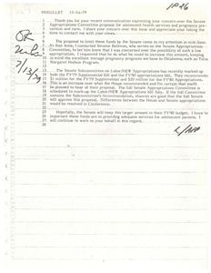 ["The document is a response to a concern expressed about the Senate Appropriations Committee proposal for adolescent health services and pregnancy prevention and care. The author shares the concern and has contacted Senator Bellmon to advocate for increased funding for teenage pregnancy programs in Oklahoma. The Senate Subcommittee on Labor/HEW Appropriations has recommended $1 million for FY'79 Supplemental and $20 million for FY'80 Appropriations, which is an increase over what the House recommended. The full Senate Appropriations Committee is scheduled to mark-up the bill in July, and if they sustain the Subcommittee's recommendation, it is likely to be approved. The author hopes the larger funding amount will be kept in the FY'80 budget to provide adequate services for adolescent parents."]