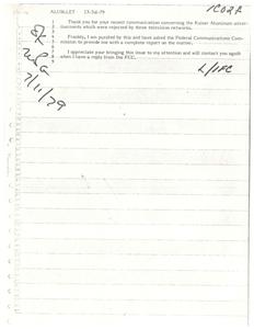 ["The document is a response from James R. Jones, a Member of Congress, to a communication regarding Kaiser Aluminum advertisements being rejected by three television networks. Jones is puzzled by this and has requested a complete report from the Federal Communications Commission. He appreciates the issue being brought to his attention and will contact the sender again once he has a reply from the FCC."]