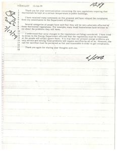 ["The document is a form letter responding to concerns about new regulations requiring thermostats to be kept at a certain temperature in public buildings. The document acknowledges the complaints and states that changes to the regulations are being considered. It emphasizes the importance of ensuring that the regulations are reasonable and fair in order to gain compliance."]