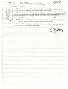 ["James R. Jones, a member of Congress, is writing on behalf of his constituent, Bob Garbett, who is interested in an attorney position at the agency. Garbett is a recent law graduate with experience working for the United States Department of Labor. Jones believes Garbett is well qualified for the position and is requesting information on potential entry-level attorney positions for him. The document is signed and dated July 5, 1979."]