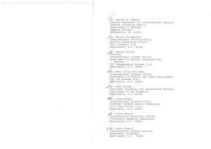 ["The document lists contact information for various individuals involved in congressional affairs within different government agencies, including the Defense Logistics Agency, General Accounting Office, Department of Health, Education and Welfare, Department of Housing and Urban Development, Department of the Treasury, Consumer Product Safety Commission, Interstate Commerce Commission, and Department of Energy."]