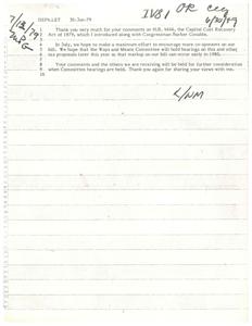 ["The document is a form letter thanking the recipient for their comments on H.R. 4646, the Capital Cost Recovery Act of 1979. The document mentions efforts to encourage more co-sponsors on the bill and hopes for hearings on the bill and other tax proposals later in the year. The comments received will be considered when hearings are held."]